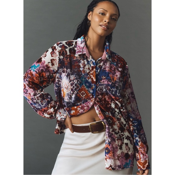 Anthropologie Pilcro The Hadley Velvet Relaxed Button-down Shirt in Pink Sz. 2X - Picture 7 of 14